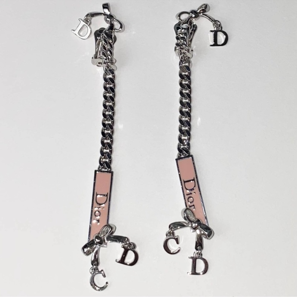 AUTH VTG Christian Dior Silver Long Chain Pink Enamel Nameplate Logo Earrings - Picture 3 of 12